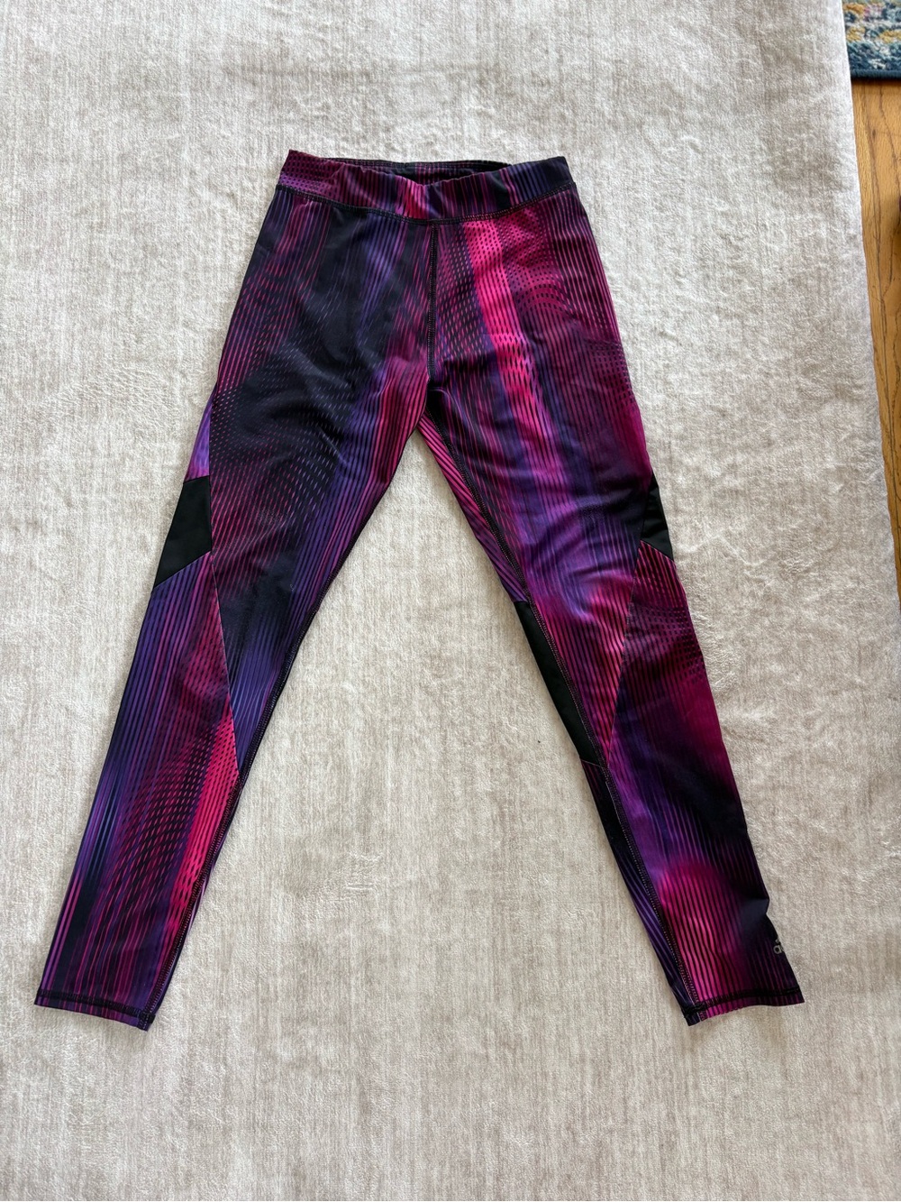 Adidas Girls Active Leggings Pink & Purple Striped w/Black Panels Size Med 10/12